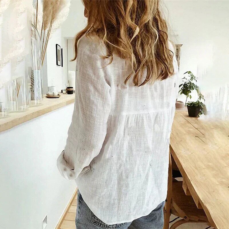 Camisas elegantes de lino y algodón para mujer, Blusas informales con solapa y botones, Blusas holgadas de manga larga para primavera y verano