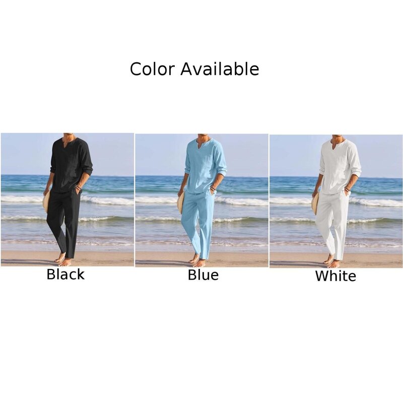 Atmen Sie einfach in diesem 2-teiligen Herren-Baumwoll-Leinen-Set mit langen Ärmeln und einer Strand hose (weiß/schwarz/blau)