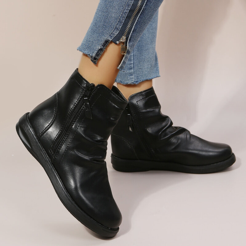 Bottines de Style britannique pour femmes, chaussures plates de printemps et d'automne, avec fermeture éclair latérale plissée, collection 2022