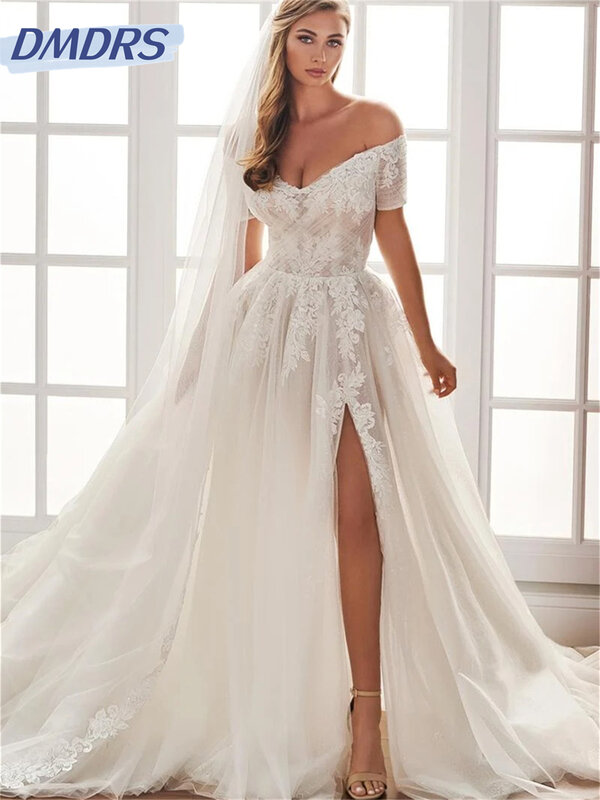 Elegante abito da sposa con spalle scoperte 2024 affascinante abito da sposa con spacco laterale romantico abito lungo fino al pavimento Vestidos De Novia