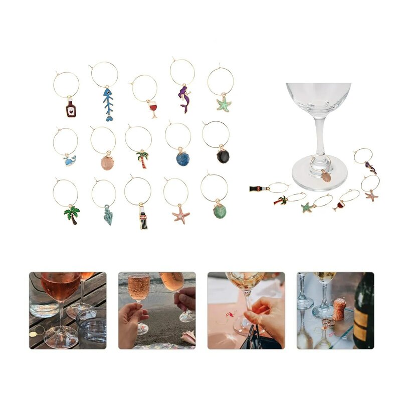 15pcs Wine Glass Charms Tropical Beach Vacation Style Drinking Goblet Recognizer Ring Fish Shell Coconut Creative Party Wedding