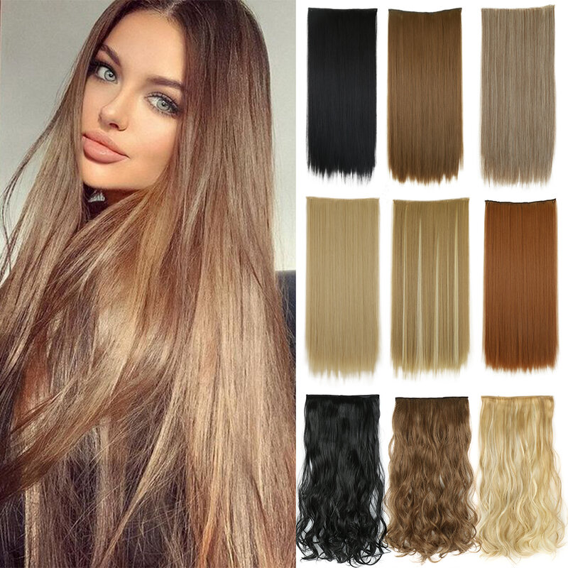 Synthetic Long Straight Clip In One Piece Hair Extension 5 Clips False Blonde Hair Brown Black Heat Resistant Fake Hair