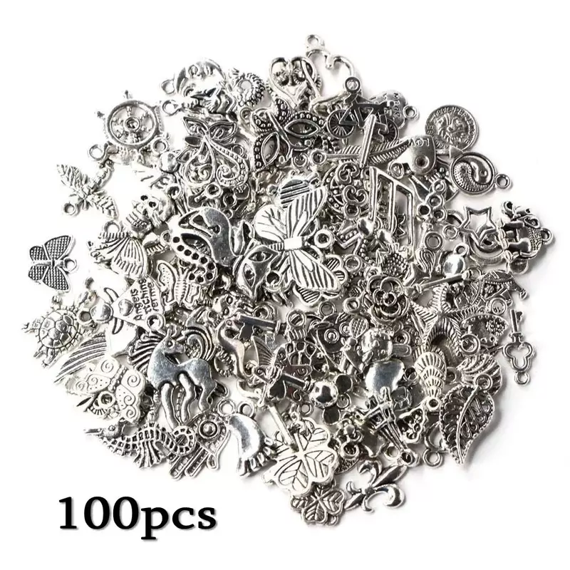Dijes de plata tibetana de 100 piezas, corazón mixto, mariposa, llave, corona, colgantes, joyería DIY para collar, pulsera, accesorios para hacer