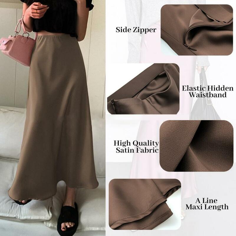 Elegante saia de cetim de seda falso feminino, cintura alta, linha A, senhora do escritório, acabamento brilhante, monocromático, coreano