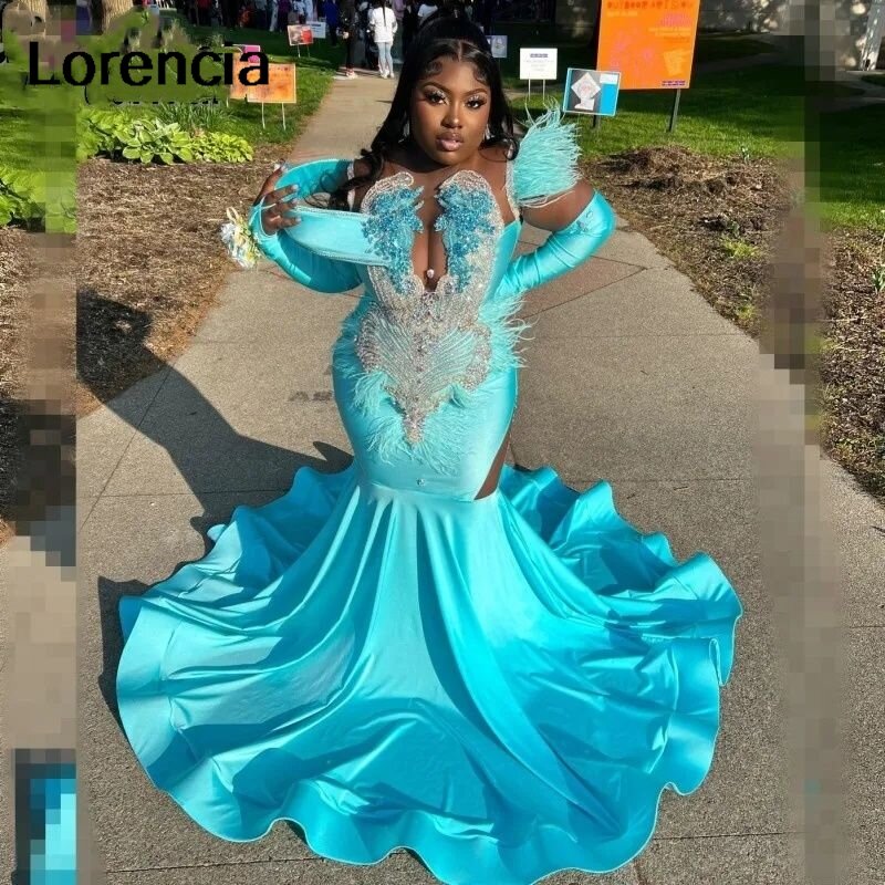 Lorencia African Aso Ebi Aqua Prom Dress For Black Girls Crystal Beading Satin Mermaid Feathers Party Gown Robe De Soirée YPD22