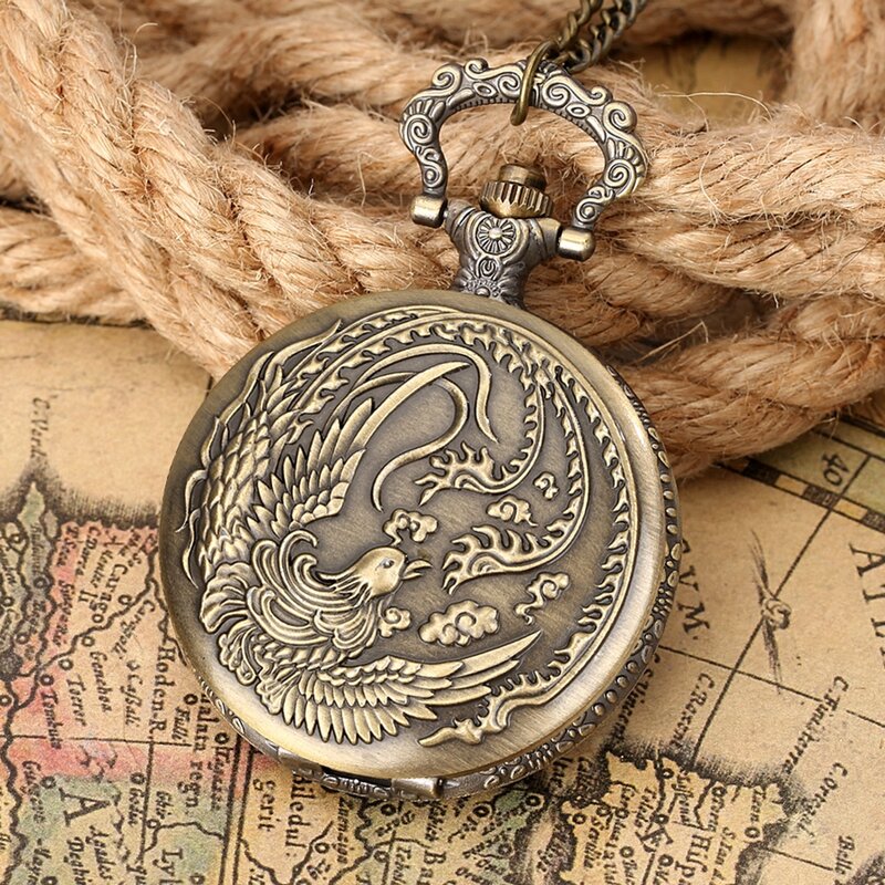 Vivid Filigree Spiral Phoenix Antique Quartz Pocket Watch Vintage Bronze Flying Bird Necklace Chain Jewelry Gifts for Men Women