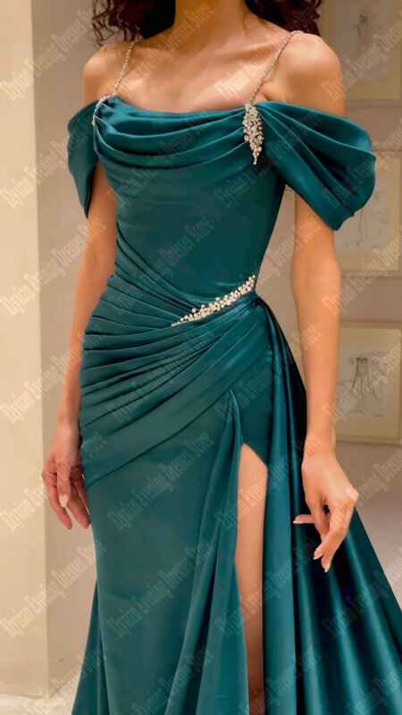 Elegante Luxus Schlitz Dame Abendkleider lange Satin formelle Prinzessin Kleider von der Schulter Seite Split Falte Vestidos de Noche