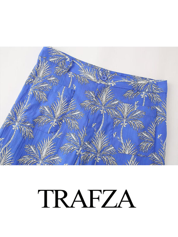 TRAFZA-Pantalon Chic à Jambes Larges pour Femme, Vêtement Décontracté avec lèvent de Poche, Fermeture Éclair, Imprimé Vintage, Taille Haute, Mode Féminine