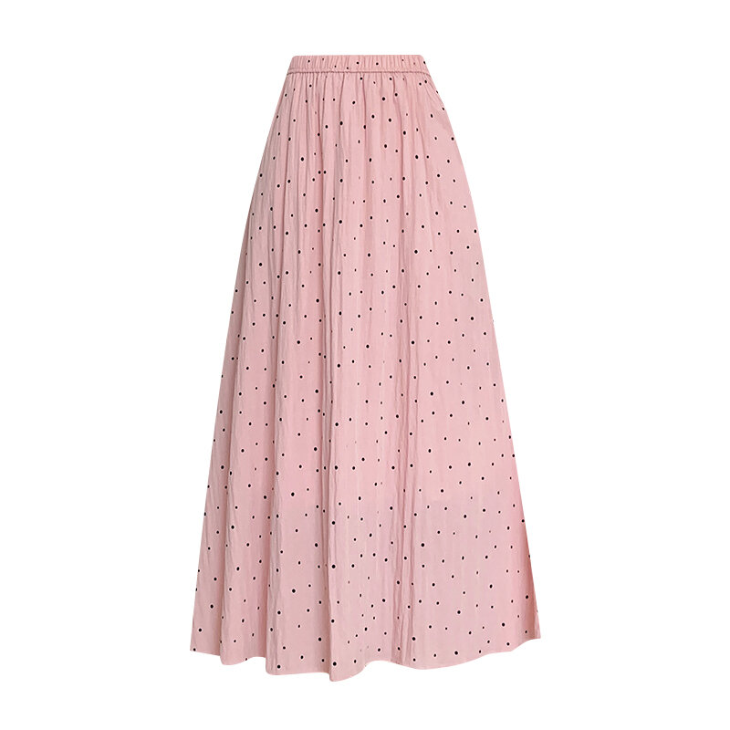 Elegant Polka Dot Skirt Women'sSummer Fashion Elastic High Waist Cotton Linen Skirts Female A- Line Slim Fit Long Faldas Mujer