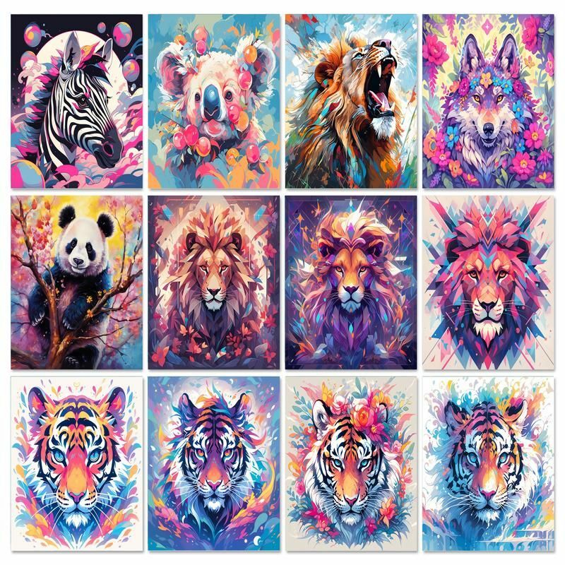Gatyztory-子供と大人のための数字による油絵ライオンと虎、DIY絵画、動物のキャンバス、アート、色