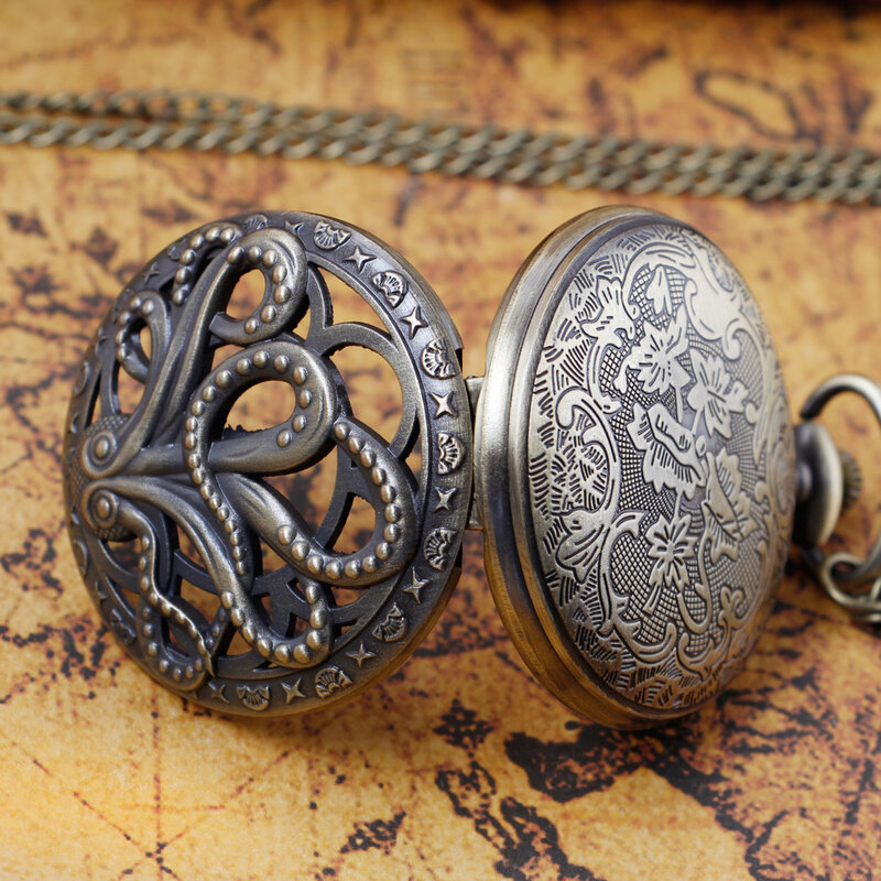 Hollow Octopussy Quartz Pocket Watch Bronze Men's Clock Arabic Numeral Dial Pendant Vintage Pocket Watch Gifts for Women Ladies