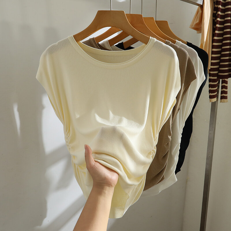 2024 여성용 여름 패션 반팔 단색 티셔츠, 얇은 스웨터 상의 티, 여성용 아이스 실크 니트 티셔츠, X256
