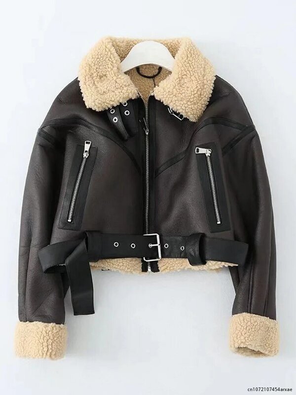 Winter Women Streetwear Coat Faux Lamb Leather Fur Short Jacket with Belt Moto Biker Thick Warm Sheepskin Coat Outwear