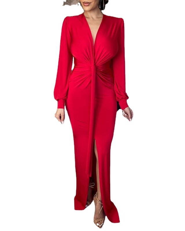 Elegant Deep V Neck Full Sleeve Long Dress For Women Robe Fashion Autumn New Irregular Ruched Bodycon Midi Dress
