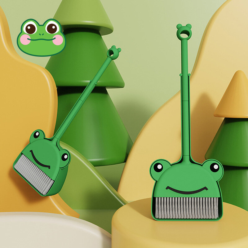 Cute Cartoon Frog Vassoura e Dustpan Limpeza Set para Crianças, Brinquedos de limpeza, Housework, Dustpan, Hot
