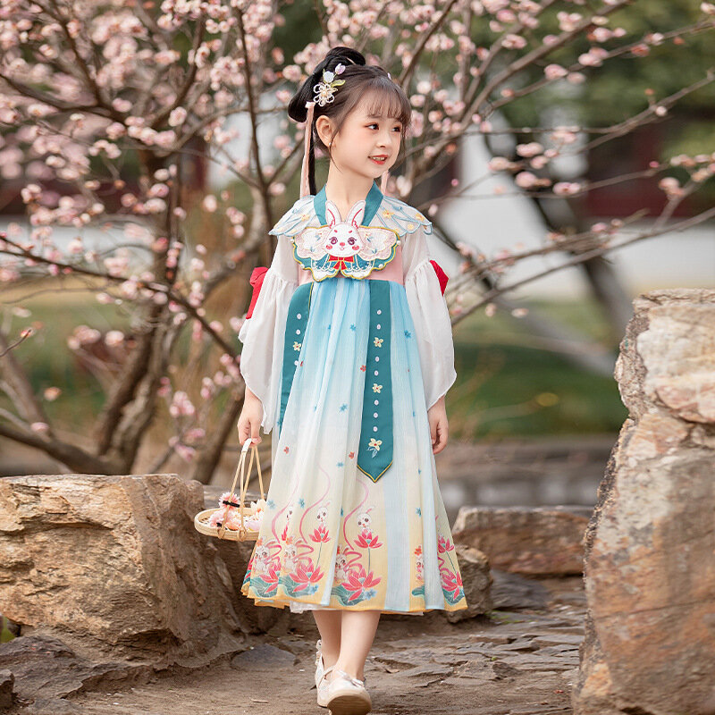 Summer Hanfu Girls Super Fairy Ancient Costume Chinese Style Rabbit Embroidery Dress Tang Suit