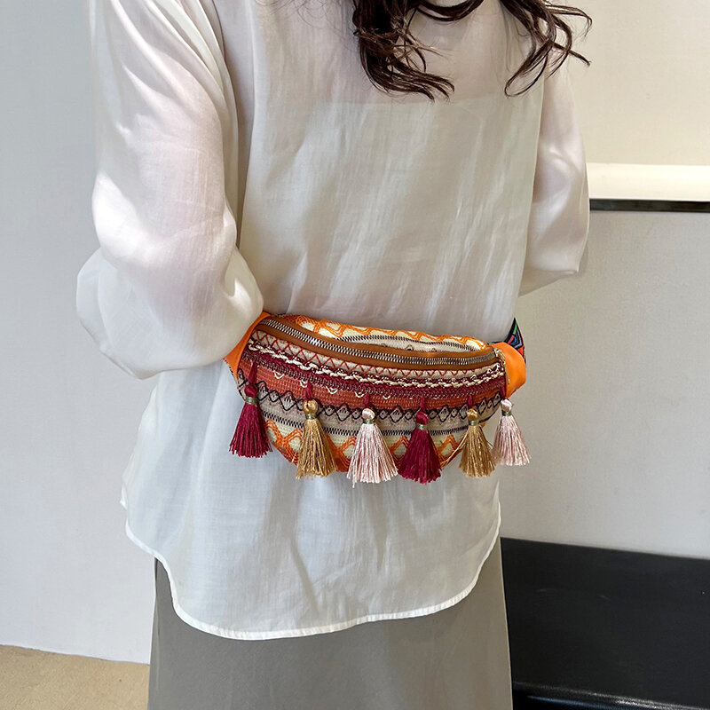 Cintura Oxford feminina com borla, pacote de peito casual, versátil em patchwork, estilo étnico, alta qualidade, à venda, 2023