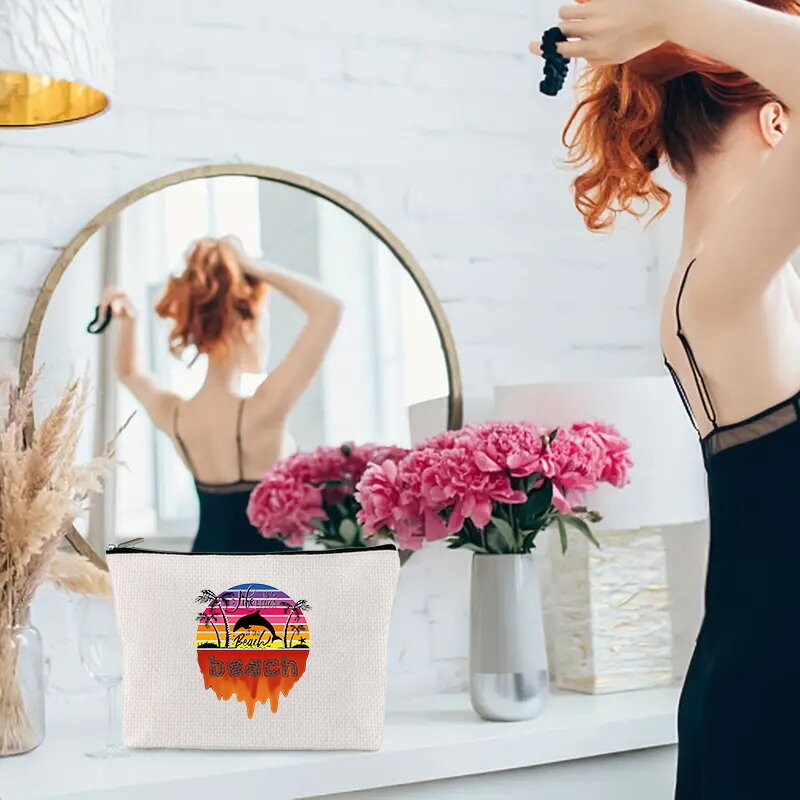Summer Style Series Printed Linen Makeup Bag Women's Handbag Large Capacity Storage Bag Organizer Bag with Zipper Wash Bag
