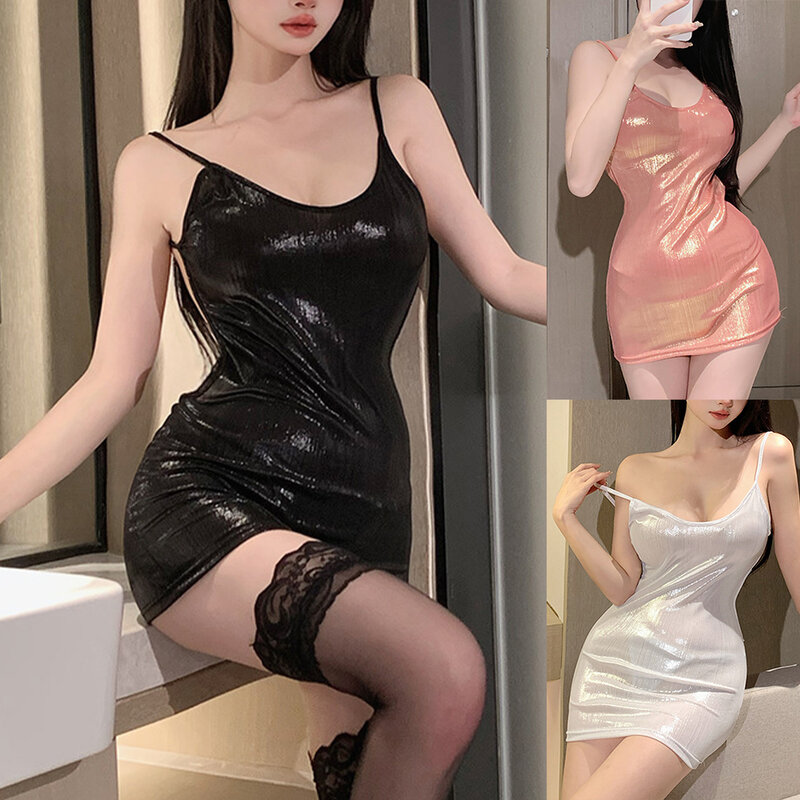 Sexy Women Nightdress Set Shiny Backless Lingerie With Thong Wet Look Bodycon Party Cocktail Club Short Dress Erotic Nightwear