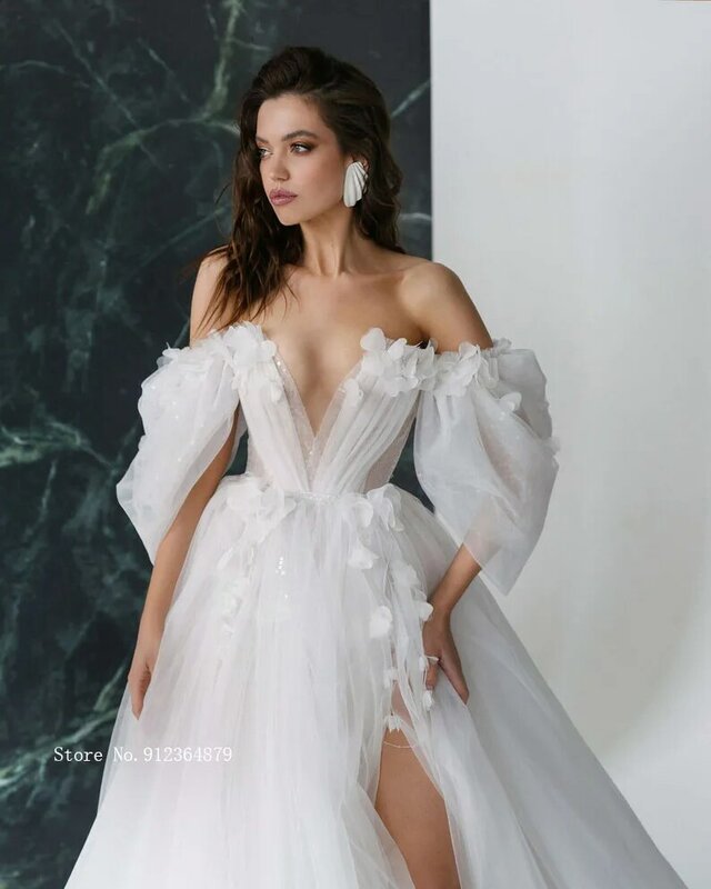 Graciosos vestidos de casamento abertos com mangas destacáveis, Vestidos de flores 3D, Querida vestidos nupciais, Venda quente