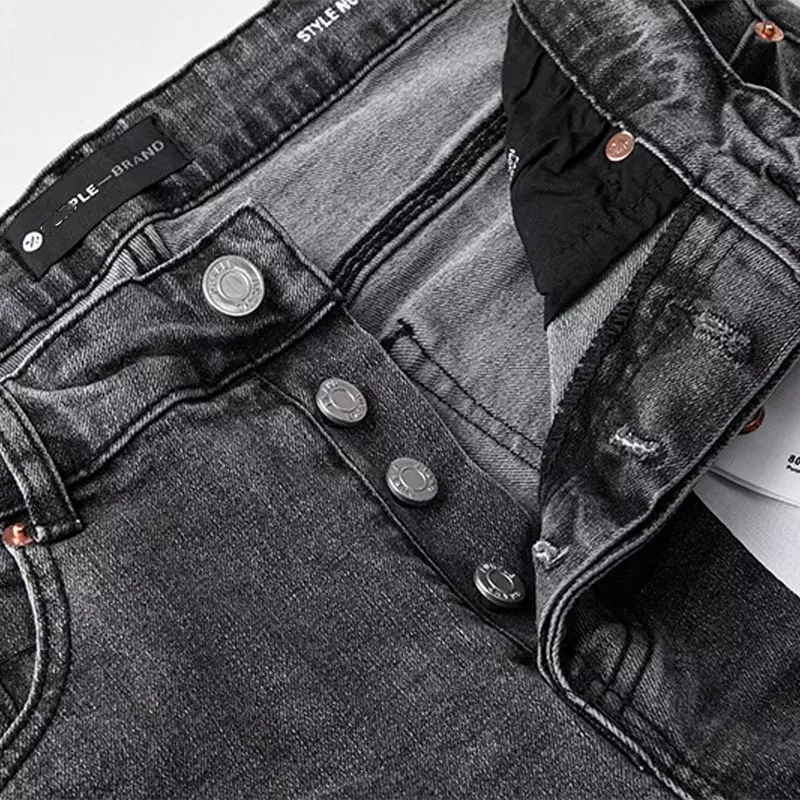Hoge Kwaliteit Nieuwe Paarse Merk Jeans Amerikaanse High Street Kokospalm Print Zwarte Stijlvolle En Slanke Broek