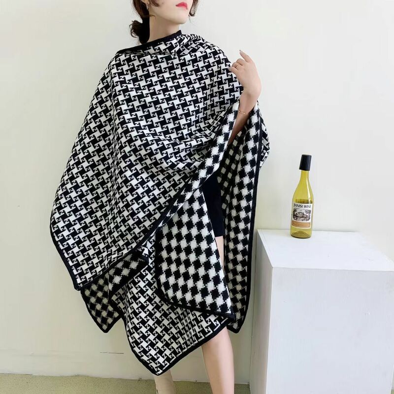 2020 Oversize Autumn Winter Long Knitted Poncho Women Houndstooth Designer Female Two Side Black White Plaid Out Street Wear