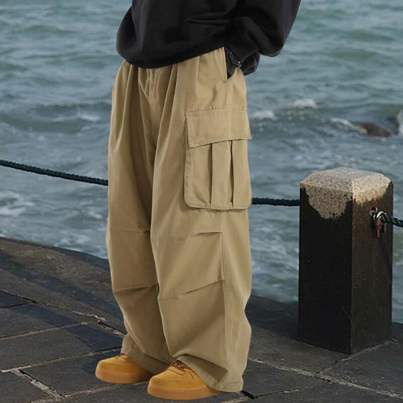 Брюки-карго мужские с множеством карманов, свободные длинные штаны, винтажные Брюки с широкими штанинами, с эластичным поясом, в стиле хип-хоп
