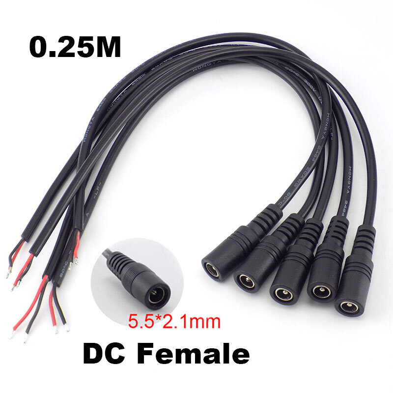 Ekstensi kabel daya wanita, 5 buah 0.25M DC 12V 5.5*2.1mm konektor catu daya adaptor untuk Kamera CCTV lampu Strip LED
