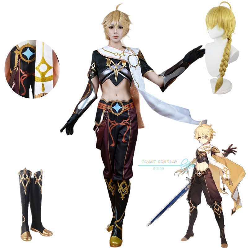 Genshinimpact Traveler Aether Costume Cosplay Sora Kong Cosplay Aether Halloween Party Outfit vestiti parrucca scarpe Set completo vestiti