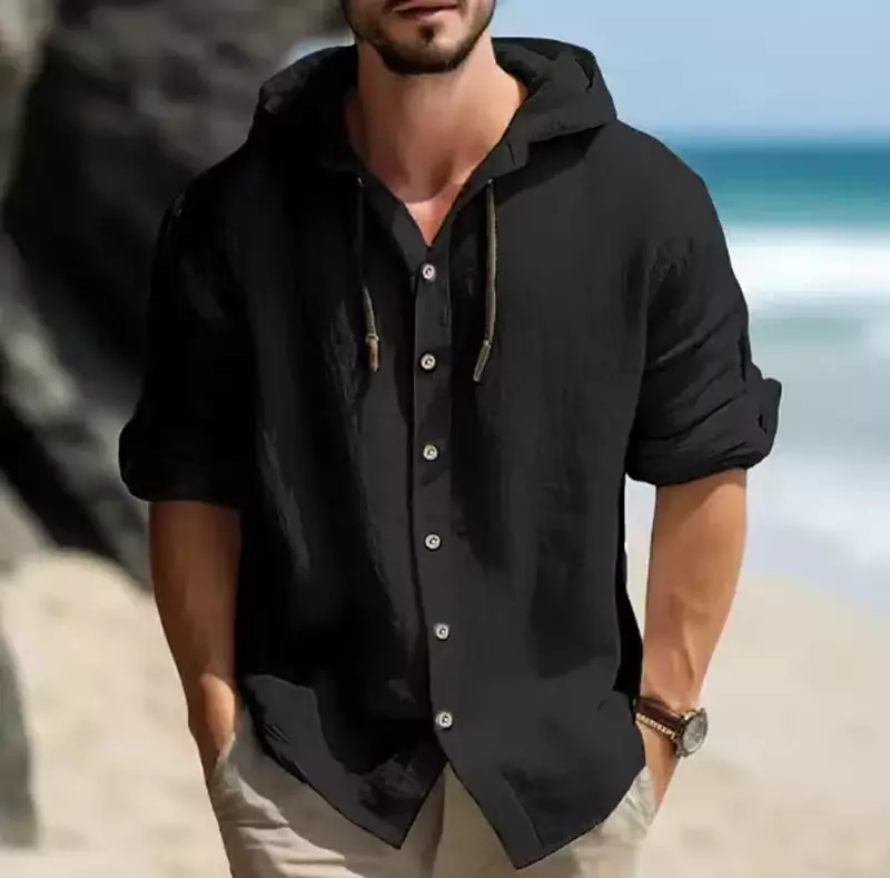 Summer Men's Linen Shirt Solid Streetwear Long Sleeve Hoodie Cardigan Clothing For Men Button Tops Casual Loose Men Hooded Shirt