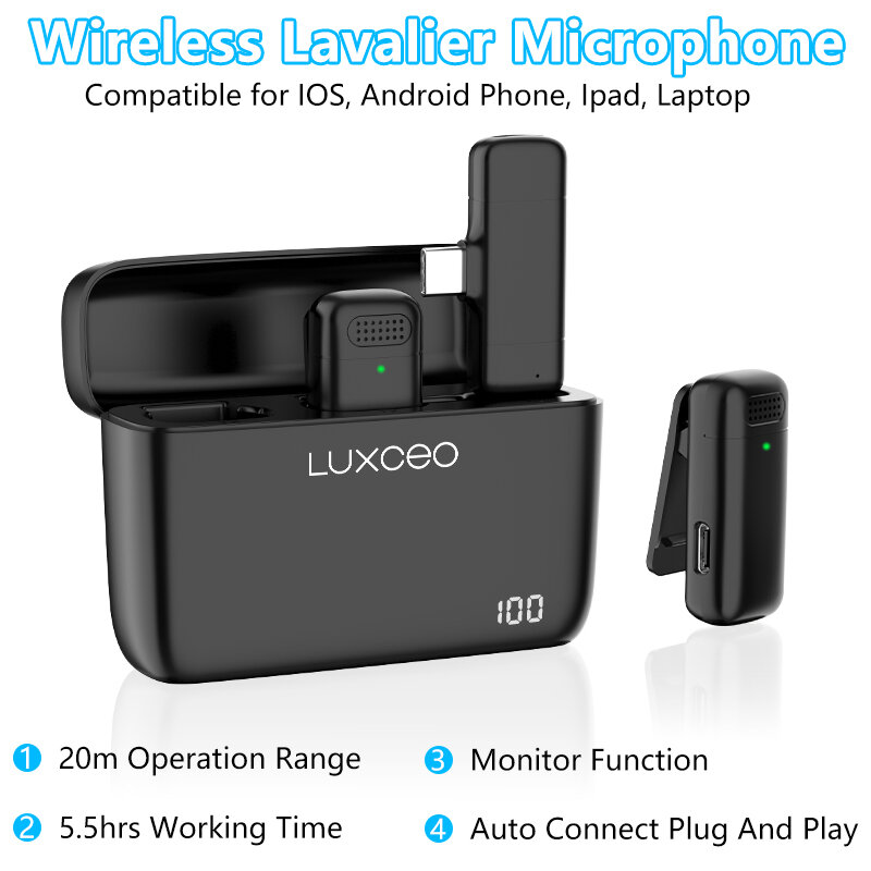 LUXCEO M6 Lavalier-Mikrofon, tragbares Audio-Video-Aufnahmemikrofon, kabelloses Mikrofon für iPhone, Android, Live-Übertragung, Gaming-Telefon mit Empfänger