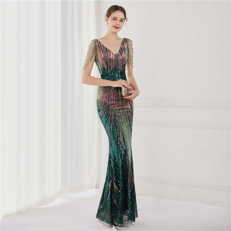 Women's V Neck Sequins Mermaid Gown Long Prom Evening  Party Dress