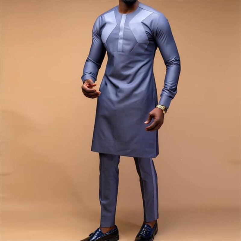 African Men's Suit Solid Color Patchwork Shirt Casual Pants 2-piece Set Wedding Business Elements Muslim