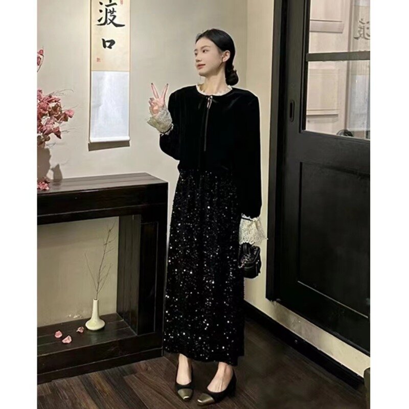Miiiix koreańska moda mała pachnąca aksamitna góra jesienna nowa luźna w stylu Casual, czarny pół spódniczka dwuczęściowy zestaw odzież damska