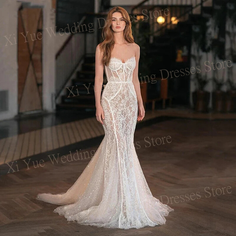 Sexy Graceful Mermaid Wedding Dresses Lace Appliques Backless Bride Gowns Strapless Sleeveless Vestidos De Novia Formal Party
