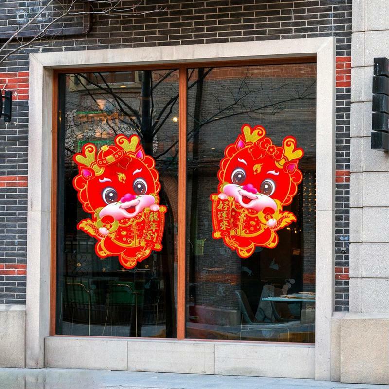 2024 Chinese New Year Dragon Year Door Stickers 3D Cartoon Paper Zodiac Window Stickers Spring Festival Couplets Party Decor