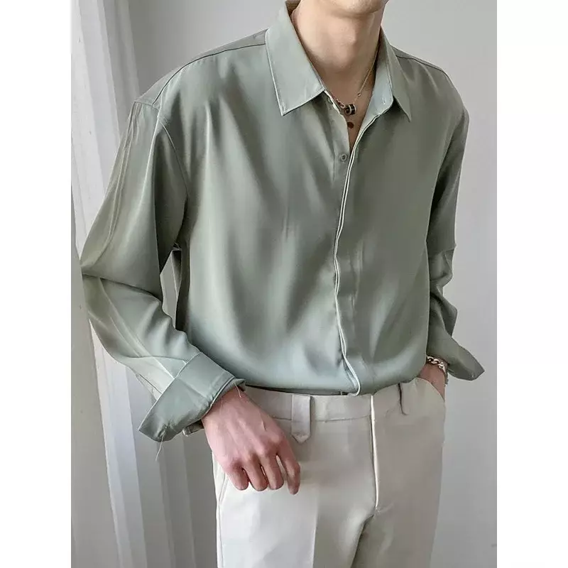 Mature Luxury High Quality Solid Color Ice Silk Shirt Men Long Sleeve Loose Fashion Hidden Button Drape Business Mens Shirts
