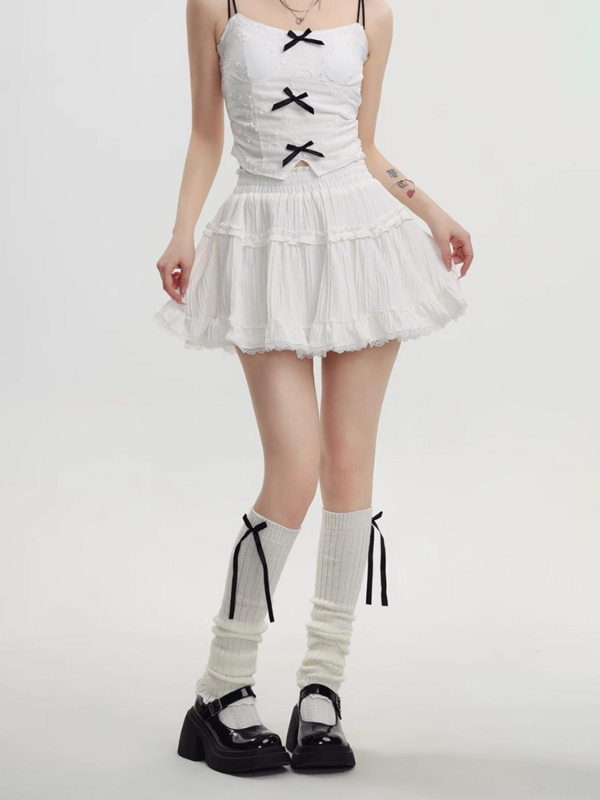 Kawaii Mini Rok Lolita Kant Ruches Patchwork Zoete Vrouwen Preppy Stijl Effen Koreaanse Mode Dames Hoge Taille Rokken