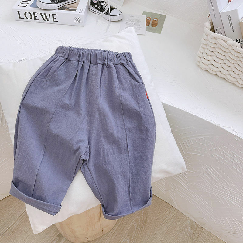 Pantalon de survêtement en coton et lin pour bébé garçon, vêtement d'été à 5 points, couleur unie, pour enfant en bas âge, printemps