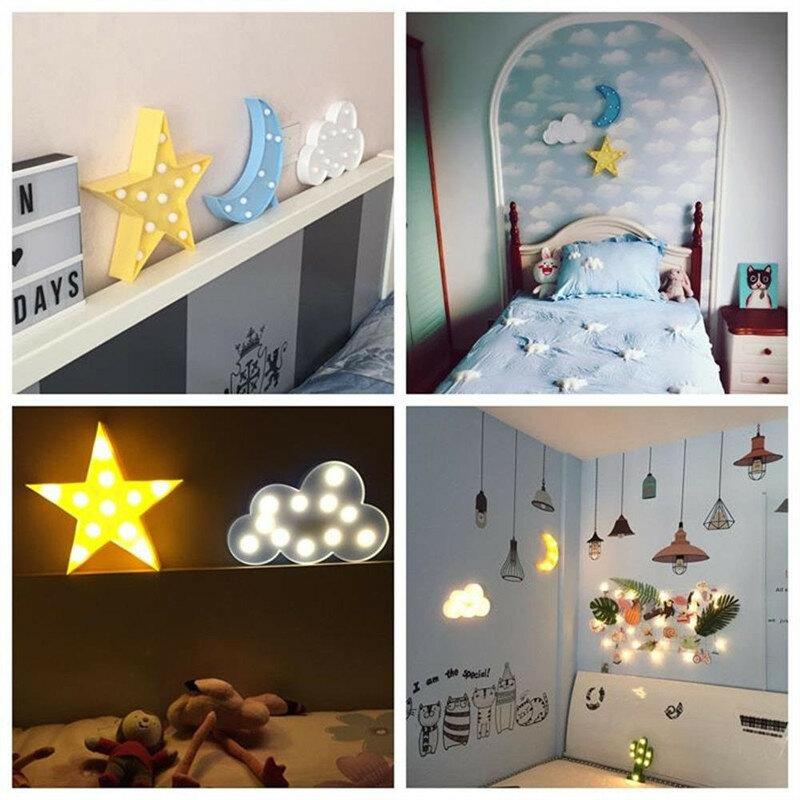 Rainbow Star Cloud Moon LED Night Light Battery Powered Wall Hanging Lamps Warm White Marquee Sign for Bedroom Nursery Decor