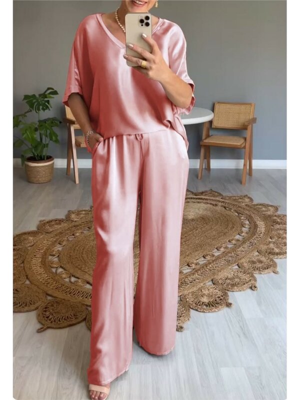 Summer Solid Color Satin Pants Sets Women Fashion Casual Loose Lady Short Sleeves V-neck T Shirt Wide Leg Trousers Two Piece Set