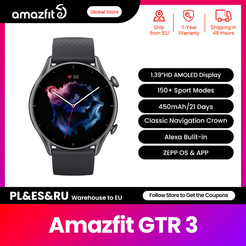 Новые умные часы Amazfit GTR 3 GTR3 GTR-3 со встроенным мониторингом состояния Alexa с 1,39-дюймовым AMOLED-дисплеем для телефона Android IOS
