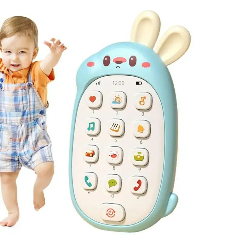 Giocattolo cellulare simpatico giocattolo a forma di coniglietto con orecchio masticabile giocattolo educativo alimentato a batteria bilingue multifunzionale per bambini