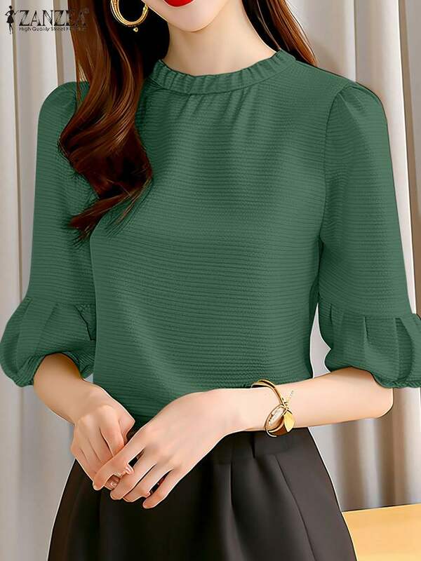 Zanzea Vrouwen Elegante Blusas Mujer Effen Kleur Gestreepte Textuur Koreaanse Mode 2024 Zomer Blouses Ol Lantaarn Mouw Tunica Tops