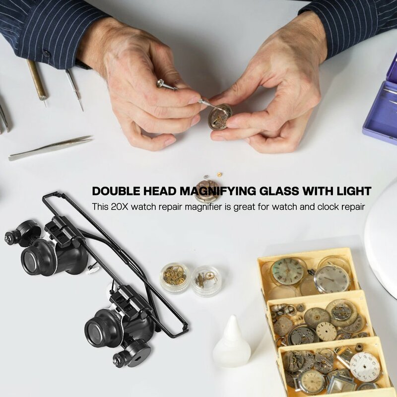 Head-Mounted Double Eye Glasses Type Magnifier, Watch Repair, Jeweler Inspection Tool, Duas luzes LED ajustáveis, 20X Magnifier
