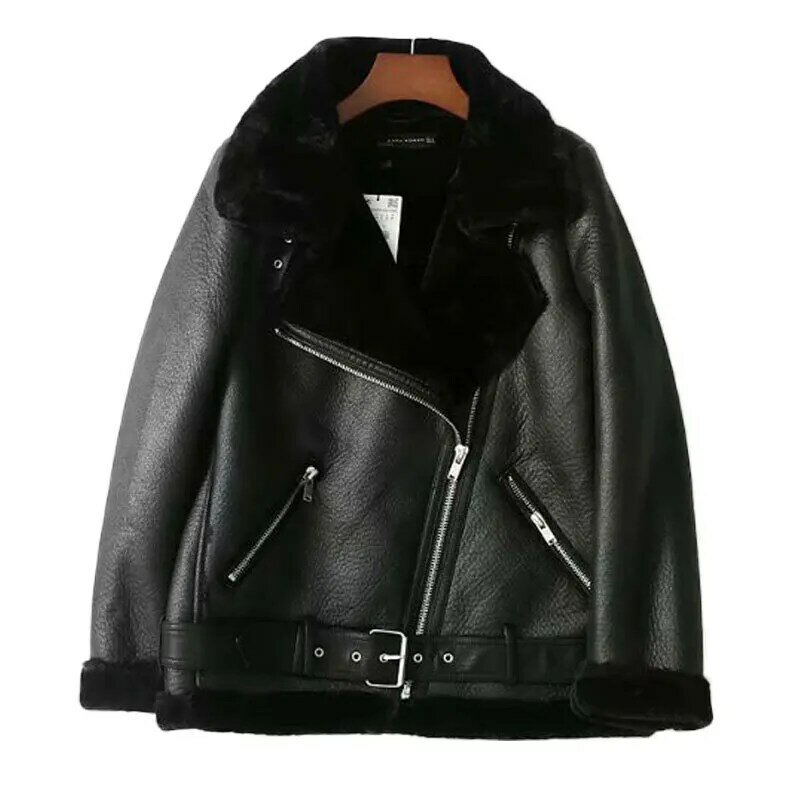 VOLALO Leather Jackets Women 2024 Autumn Winter Fashion Turn Down Collar Zipper Jacket Thicken Warm Long Sleeve Chic Jacket