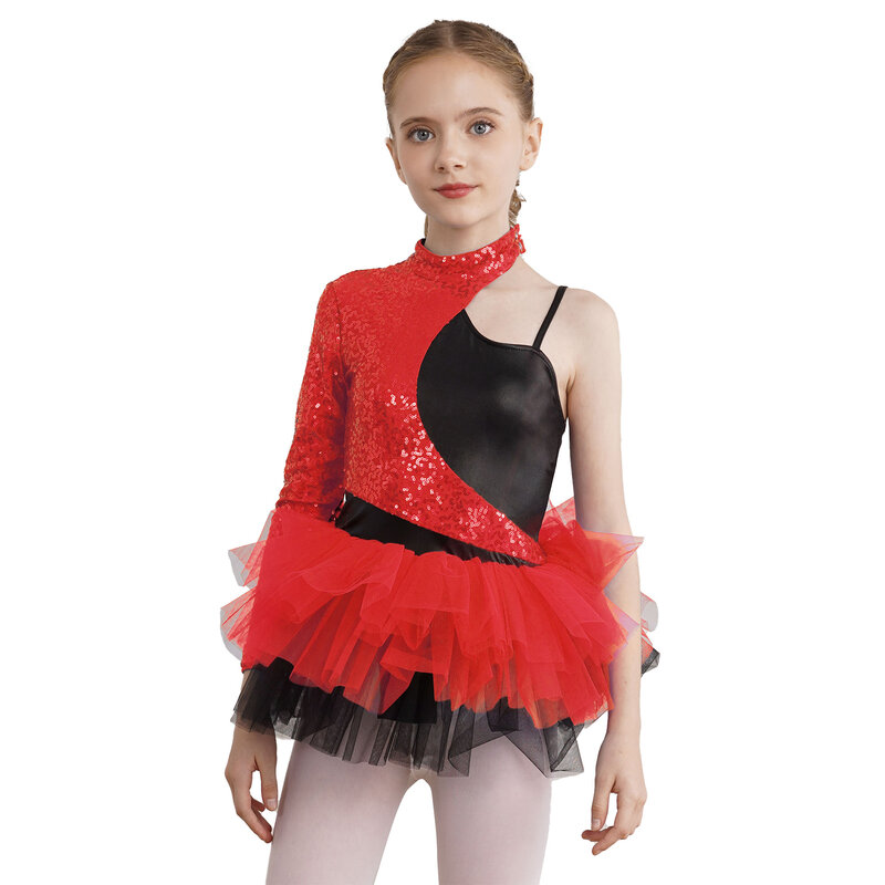 Dziewczęce sukienka baletowa dzieci gimnastyka treningowa odzież tanena błyszczące cekiny kontrastowa spódnica z tiulu sukienka trykot kostium taneczny dla baletnicy
