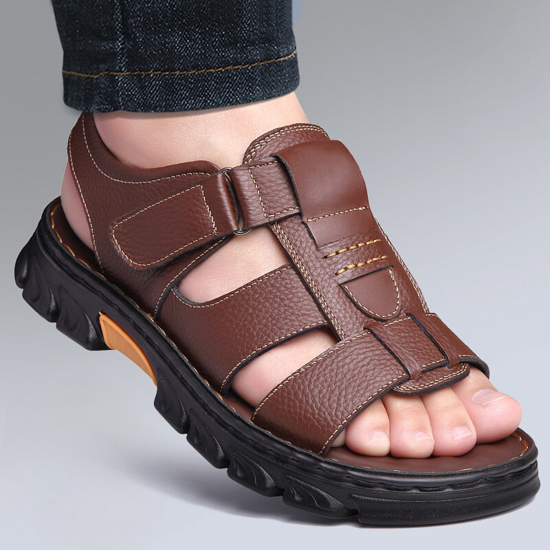 Sandalias de piel auténtica para hombre, zapatos de playa, zapatillas de piel de vaca, antideslizantes, suela gruesa, verano, 2024