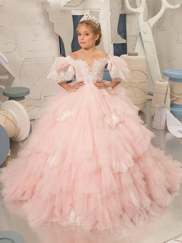 女の子のためのピンクのプリンセスドレス,花柄,ラインa,ウェディングドレス,