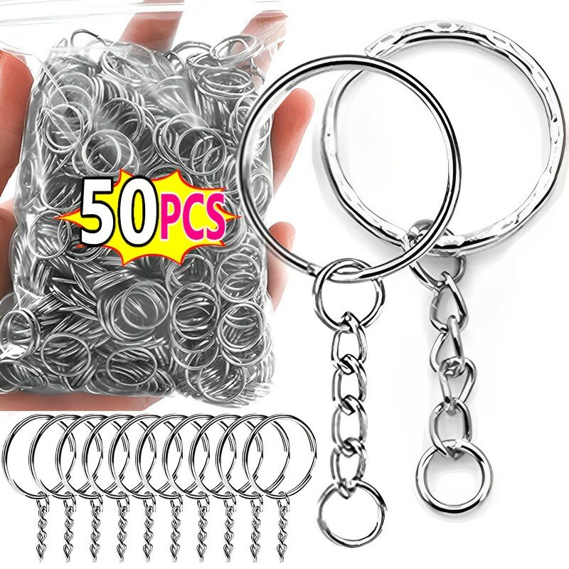 50pcs Stainless Steel Hole Flat Key Ring DIY Bag Pendant Buckles Making Polished Keychains Line Split Rings Jewelry Findings